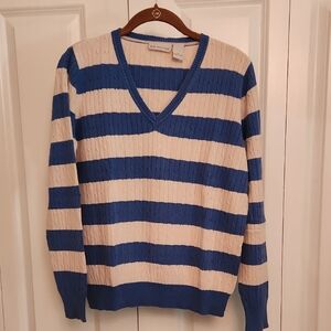 Kim Rogers V-Neck Sweater in Blue and Cream Stripes